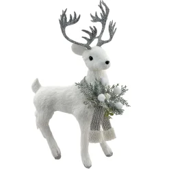 REINDEER STANDING FAUX GRASS WHITE 15″x19.5″ W/ SCARF, FROSTED PINE & BERRIES