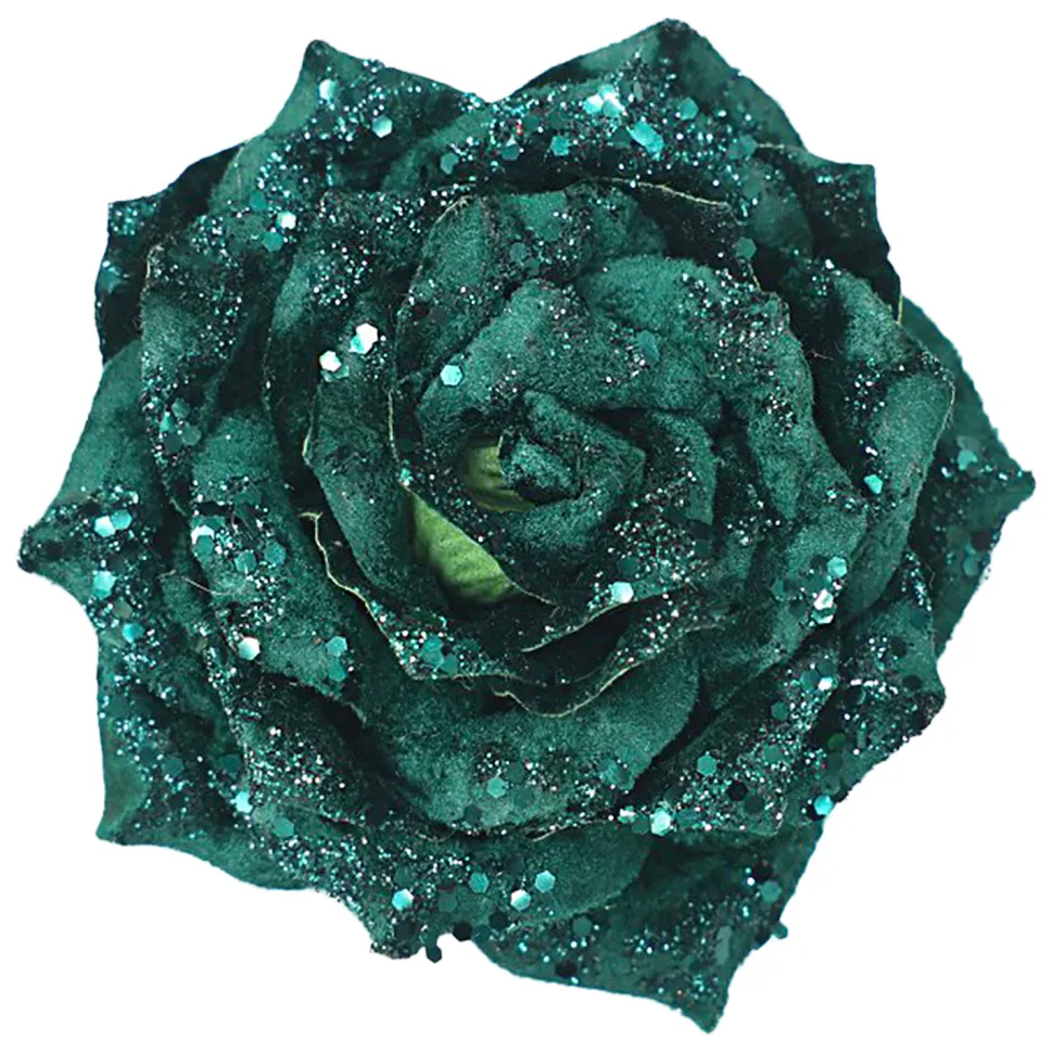 ROSE HEAD GREEN /EMERALD 4.5″ VELVET W/ GLITTER & CLIP