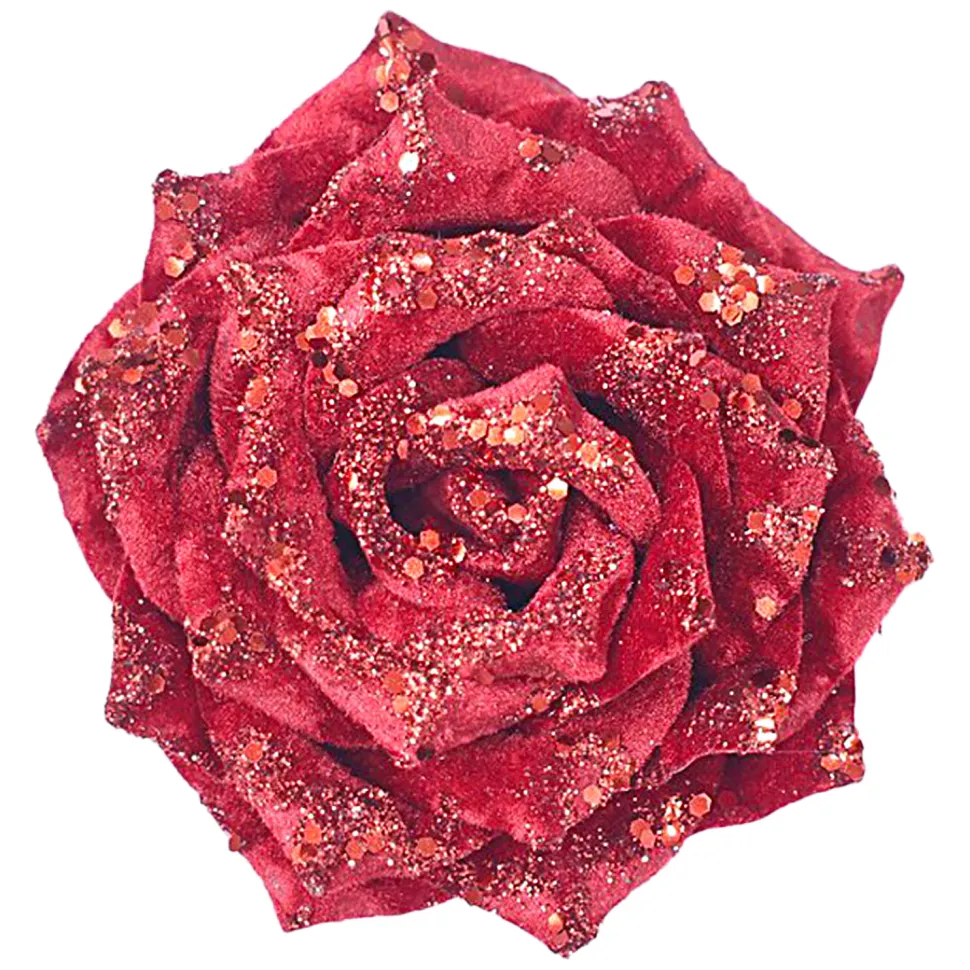 ROSE HEAD RED /DEEP RED 4.5″ VELVET W/ GLITTER & CLIP