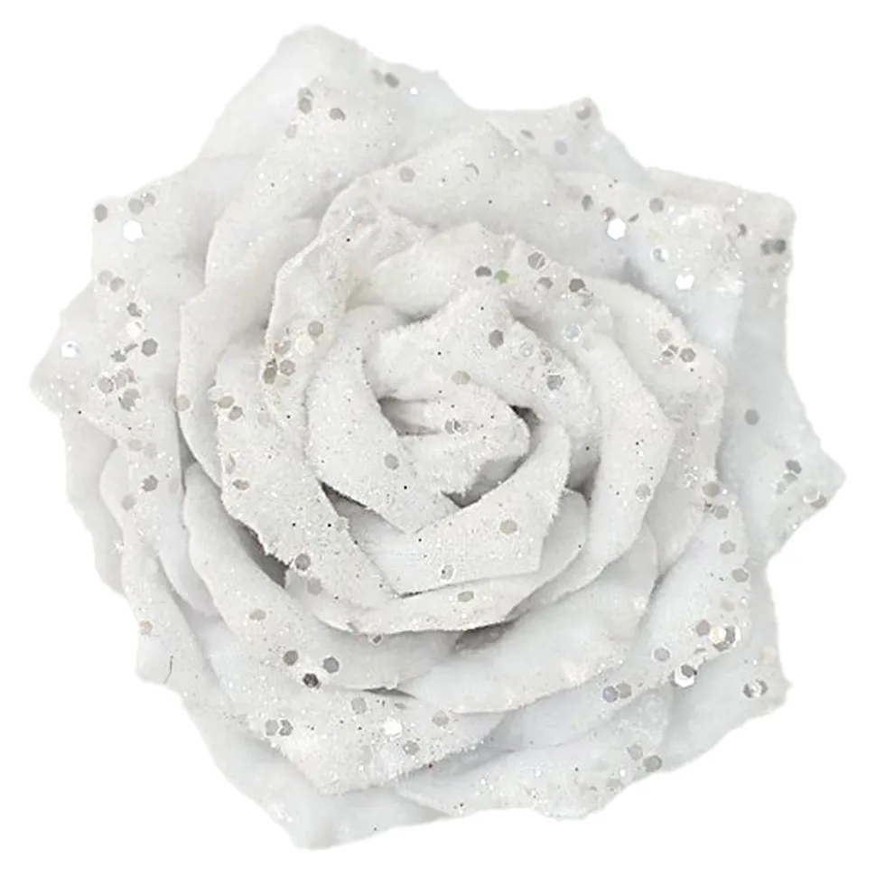 ROSE HEAD WHITE 4.5″ VELVET W/ GLITTER & CLIP