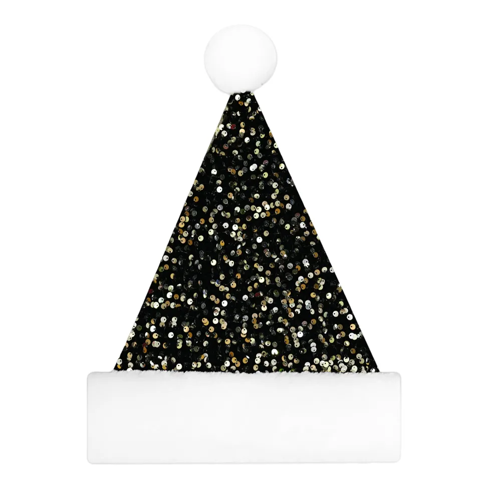 SANTA HAT 15″ BLACK/SILVER SEQUINSS W/ FAUX FUR BORDER (SIZE:M)