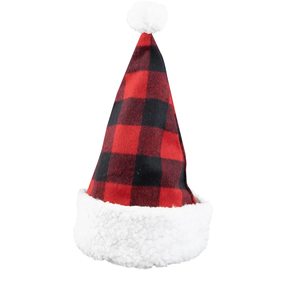SANTA HAT 15″ RED/BLACK BUFFALO PLAID W/ SHERPA BORDER