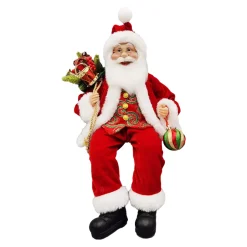SANTA SITTING 18″ W/ SACK RED/GREEN/GOLD