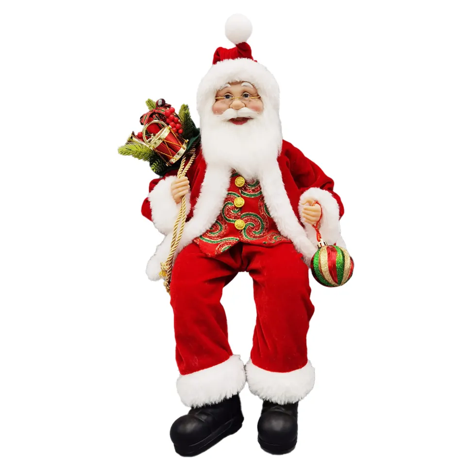 SANTA SITTING 18″ W/ SACK RED/GREEN/GOLD
