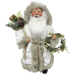 SANTA STANDING 18″ W/ GIFT HOLDING A WREATH WHITE/BEIGE