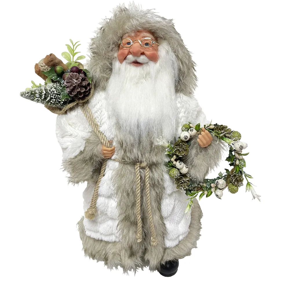 SANTA STANDING 18″ W/ GIFT HOLDING A WREATH WHITE/BEIGE