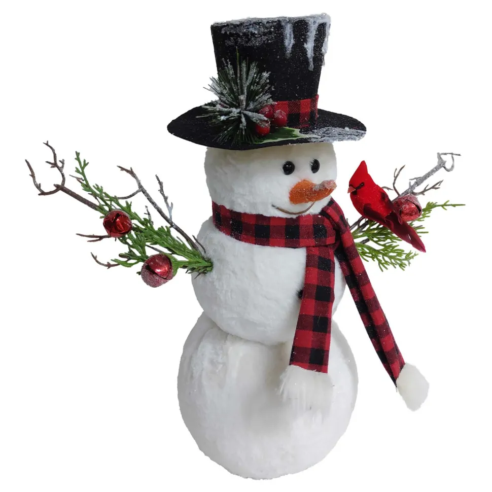 SNOWMAN WHITE 15″ FUR W/ PLAID SCARF & CARDINAL