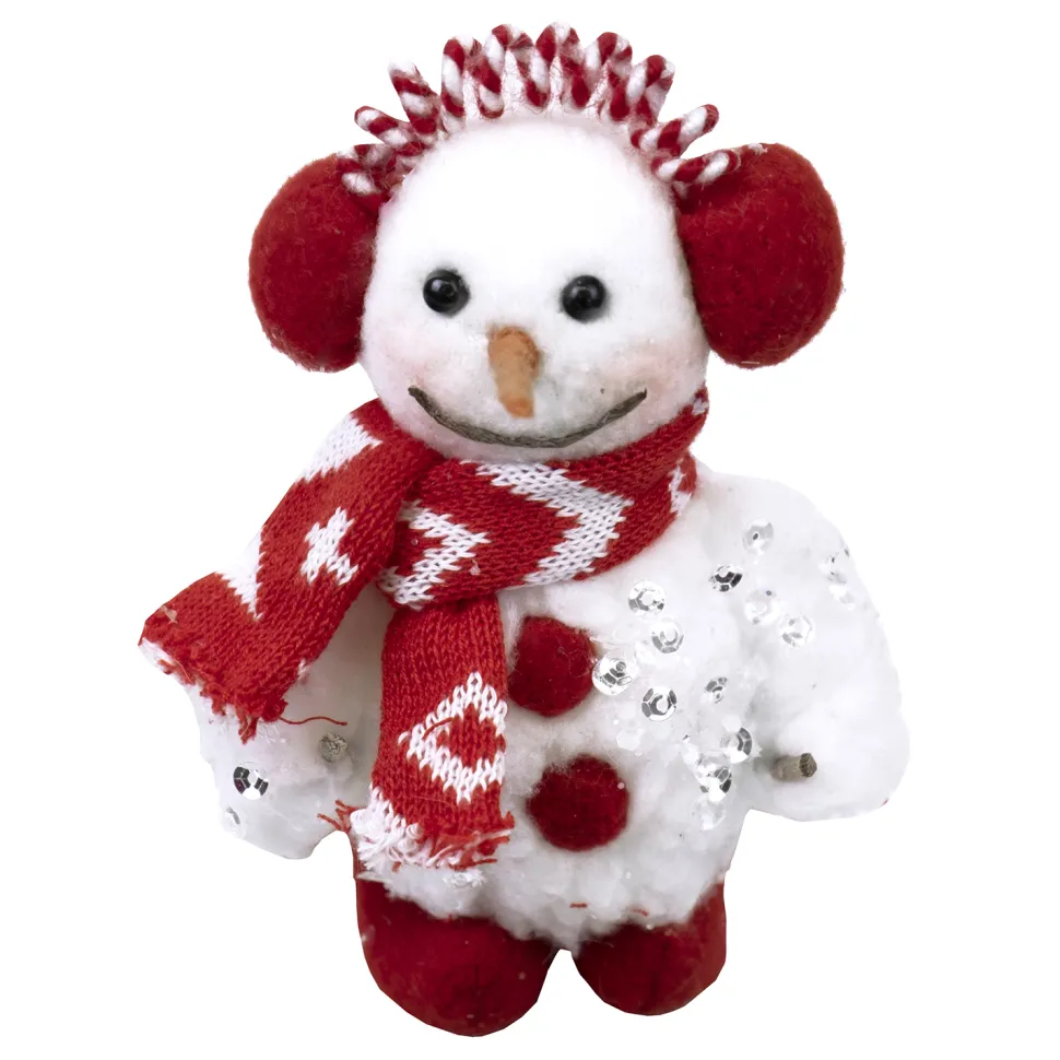 SNOWMAN WHITE 6″ WHITE W/ RED EAR MUFFS & KNITTED SCARF