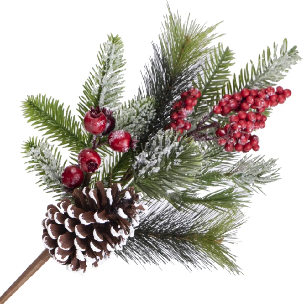 SPRAY FROSTED PINE 16″ RED BERRY W/ MIXED NEEDLE PINE & CONE