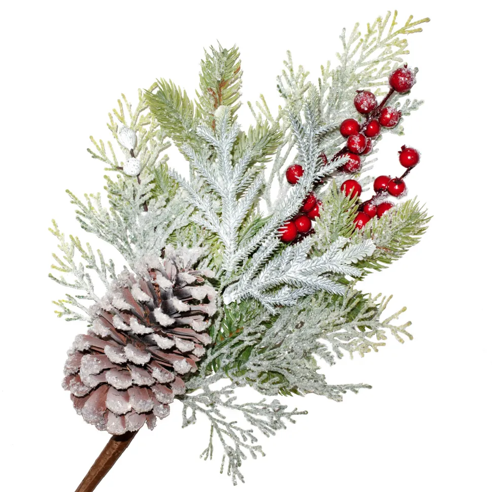 SPRAY FROSTED PINE 16″ RED BERRIES MIXED PINE, CEDAR, & CONES