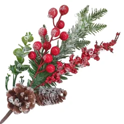 SPRAY GRN PINE 16″ RED BERRY, PINE CONES & GREENERY ICED