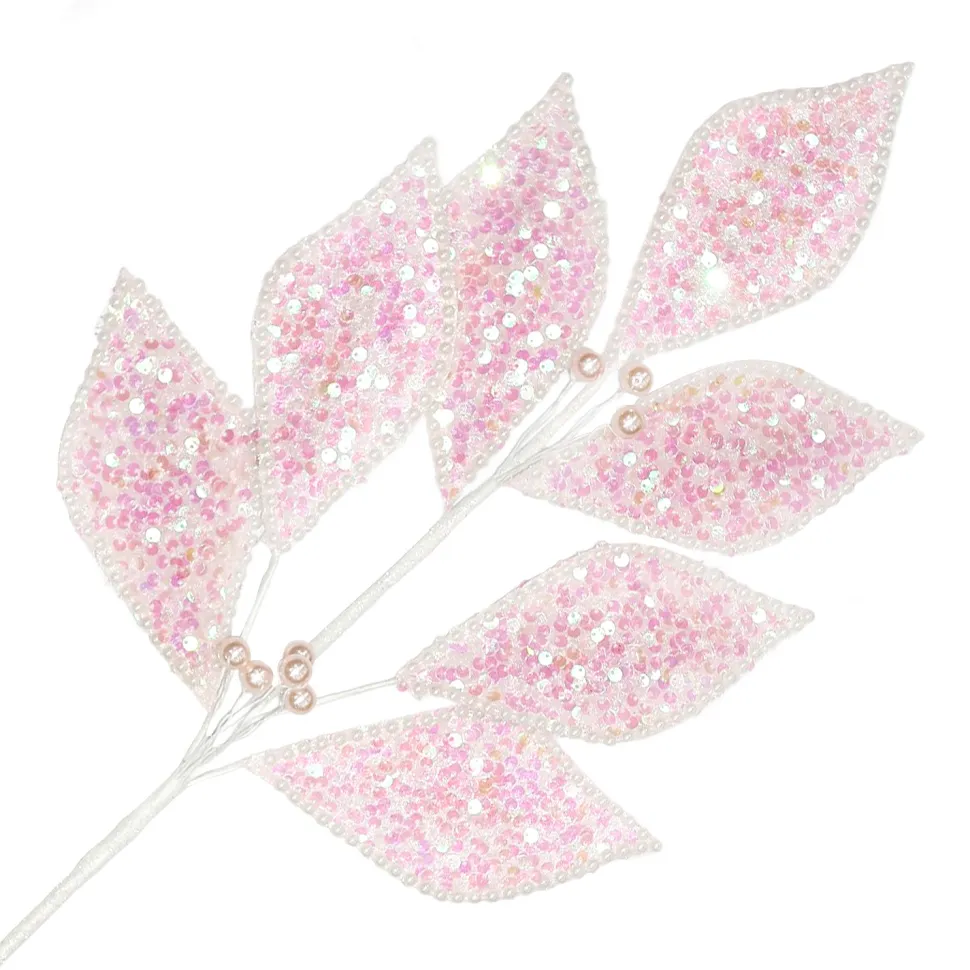SPRAY LEAVES FABRIC 25.5″ IRIDIDESCENT PINK SEQUINS