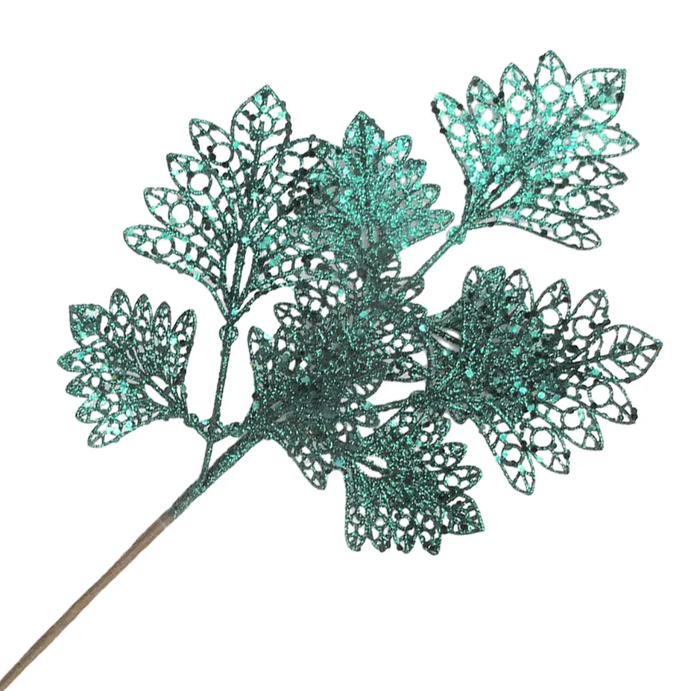 SPRAY LEAVES FAN SHAPE 18″ EMERALD GREEN GLITTER