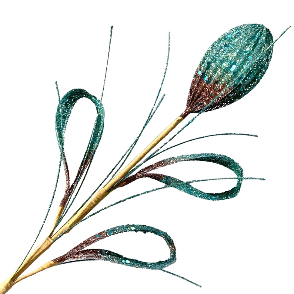 SPRAY LEAVES FOLDED/ RIBBED 22″ PEACOCK GLITTER