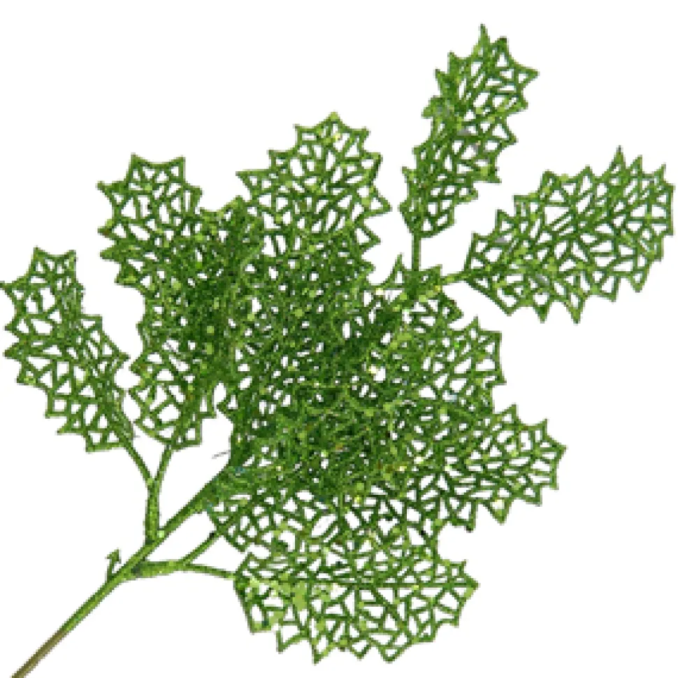 SPRAY LEAVES HOLLY MESH 10″ GREEN GLITTER