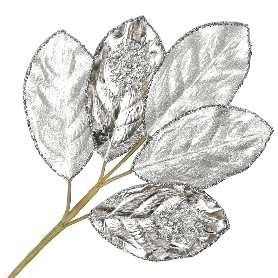 SPRAY LEAVES MAGNOLIA 23″ SILVER METALIC W/ GLITTER