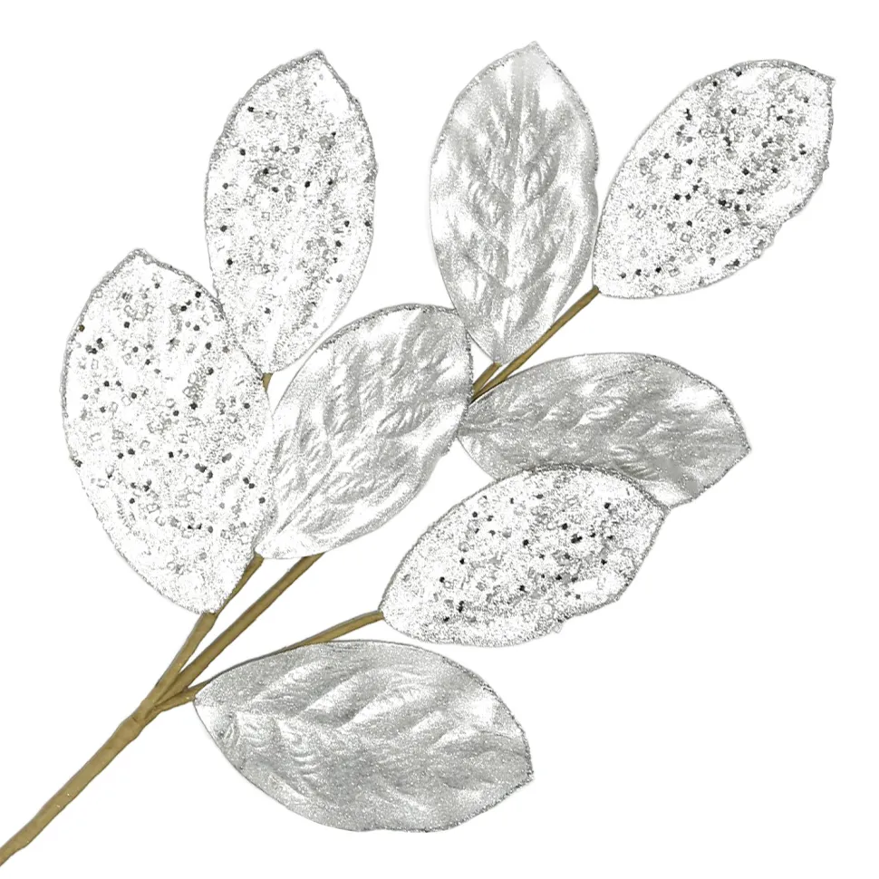 SPRAY LEAVES MAGNOLIA 27.5″ SILVER METALIC W/ GLITTER