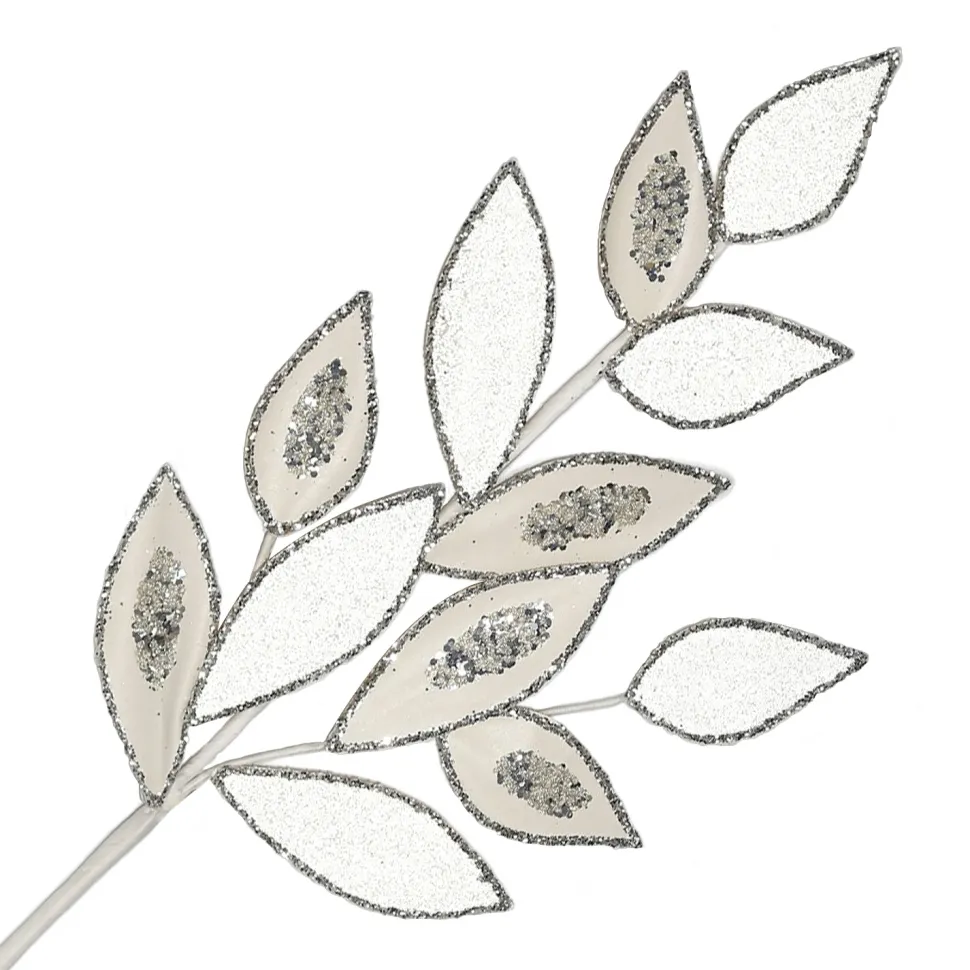 SPRAY LEAVES VELVET 30.5″ WHITE/ SILVER W/ GLTR & SEQUIN