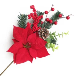 SPRAY RED POINSETTIA 16″ BERRY, EUCALYTUS, CONE