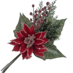 SPRAY RED POINSETTIA 20″ DLX VELVET W/ICED EDGE, MIXED GREENERY & ICED RED ERRIES