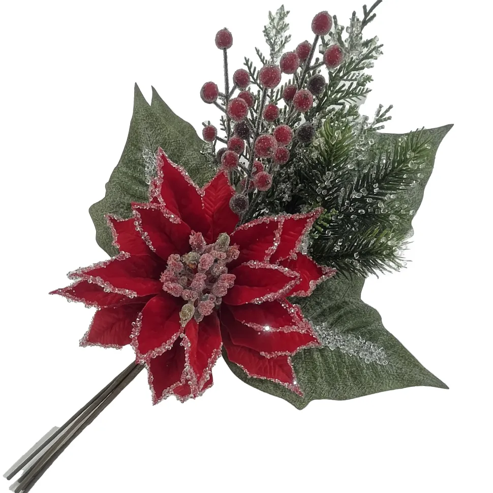SPRAY RED POINSETTIA 20″ DLX VELVET W/ICED EDGE, MIXED GREENERY & ICED RED ERRIES