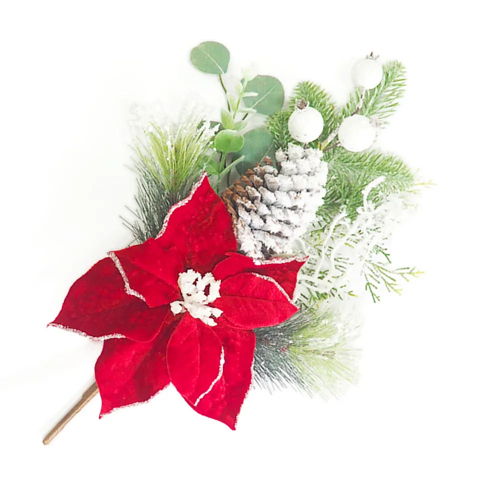 SPRAY RED POINSETTIA 16″/MINI POD /MIXED GREENERY W/ BERRIES FLOCKED