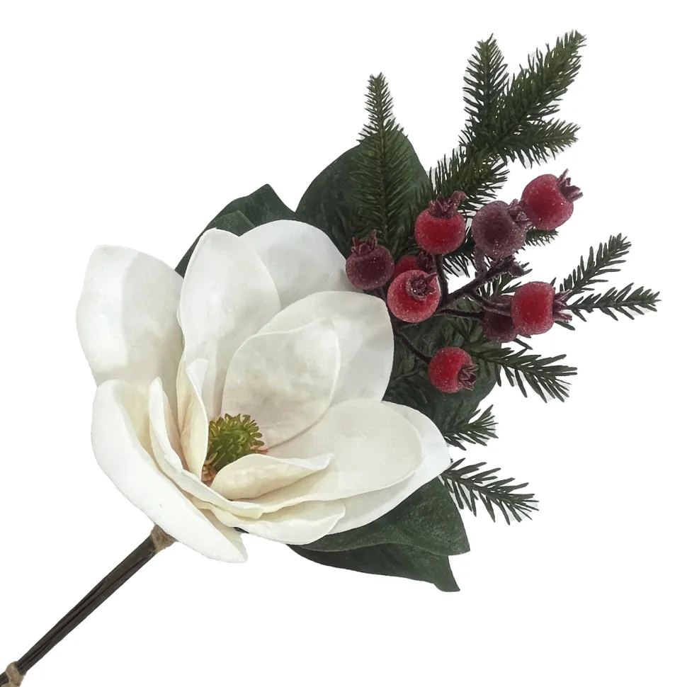 SPRAY WHITE MAGNOLIA 20″ W/ MIXED GREENERY & ICED BERRIES
