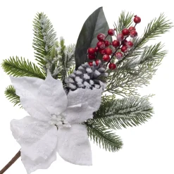 SPRAY WHITE POINSETTIA 16″ FROASTED W/ MIXED GREENS & RED BERRIES