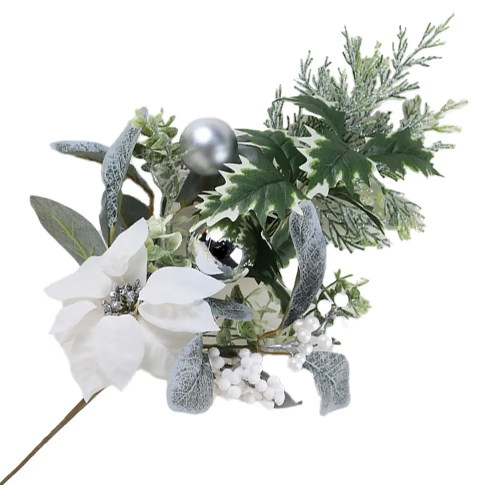SPRAY WHITE POINSETTIA 24″ MIXED GREENERY W/ PINECONES & SILVER BALLS