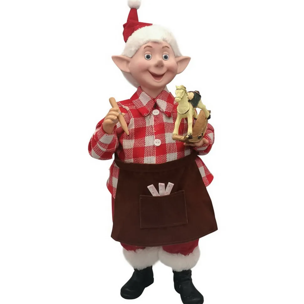 STANDING ELF 15″ RED/ WHITE CARPENTER HOLDING ROCKING HORSE