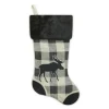 STOCKING 20.5″ BLACK/ CREAM BURLAP PLAID & SUEDE WITH FAUX FUR CUFF- MOOSE