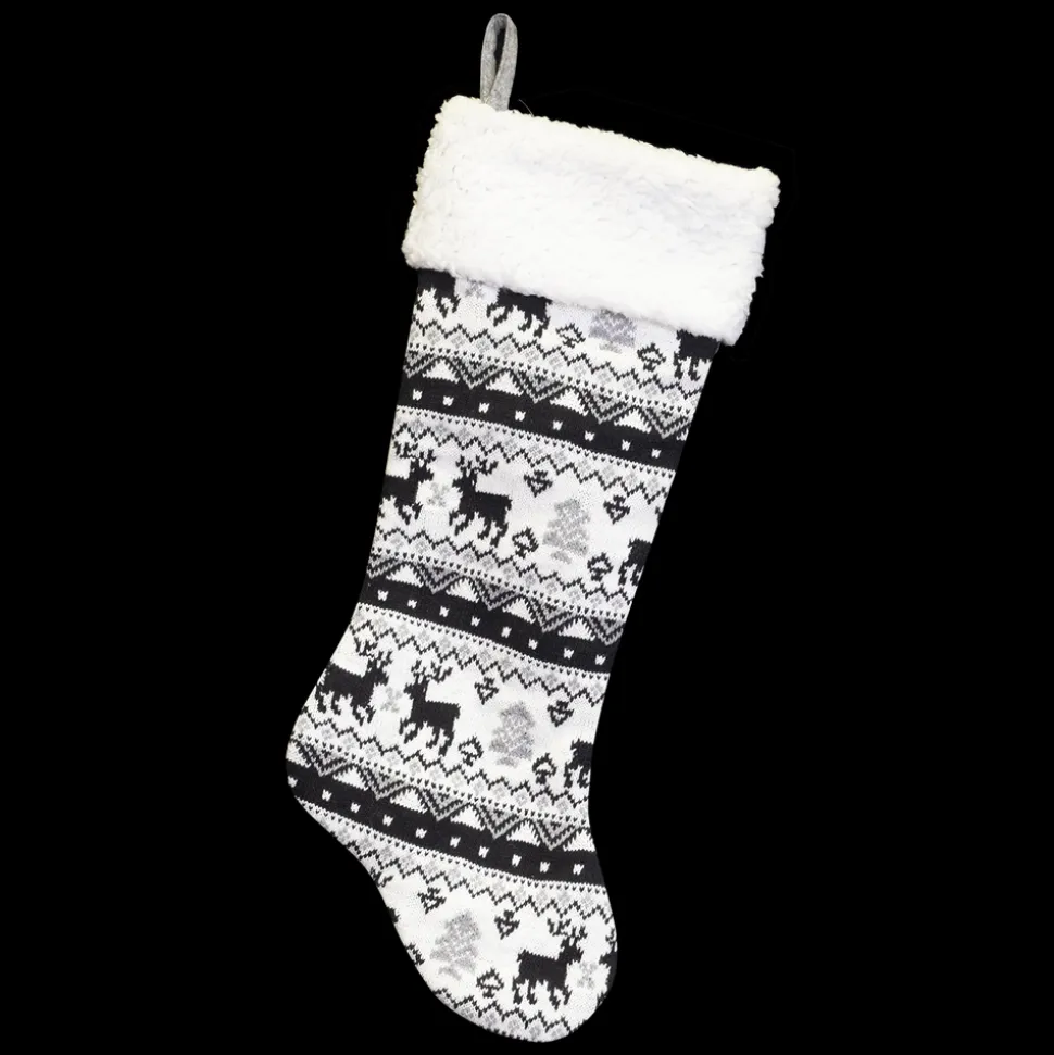 STOCKING 21.5″ BLACK /WHITE KNITTED REINDEER PTRN W/SHERPA CUFF