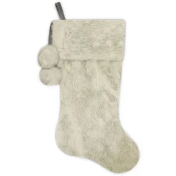 STOCKING 20.5″ DELUXE ALL GRAY FAUX FUR WITH FAUX FUR POMS POMS
