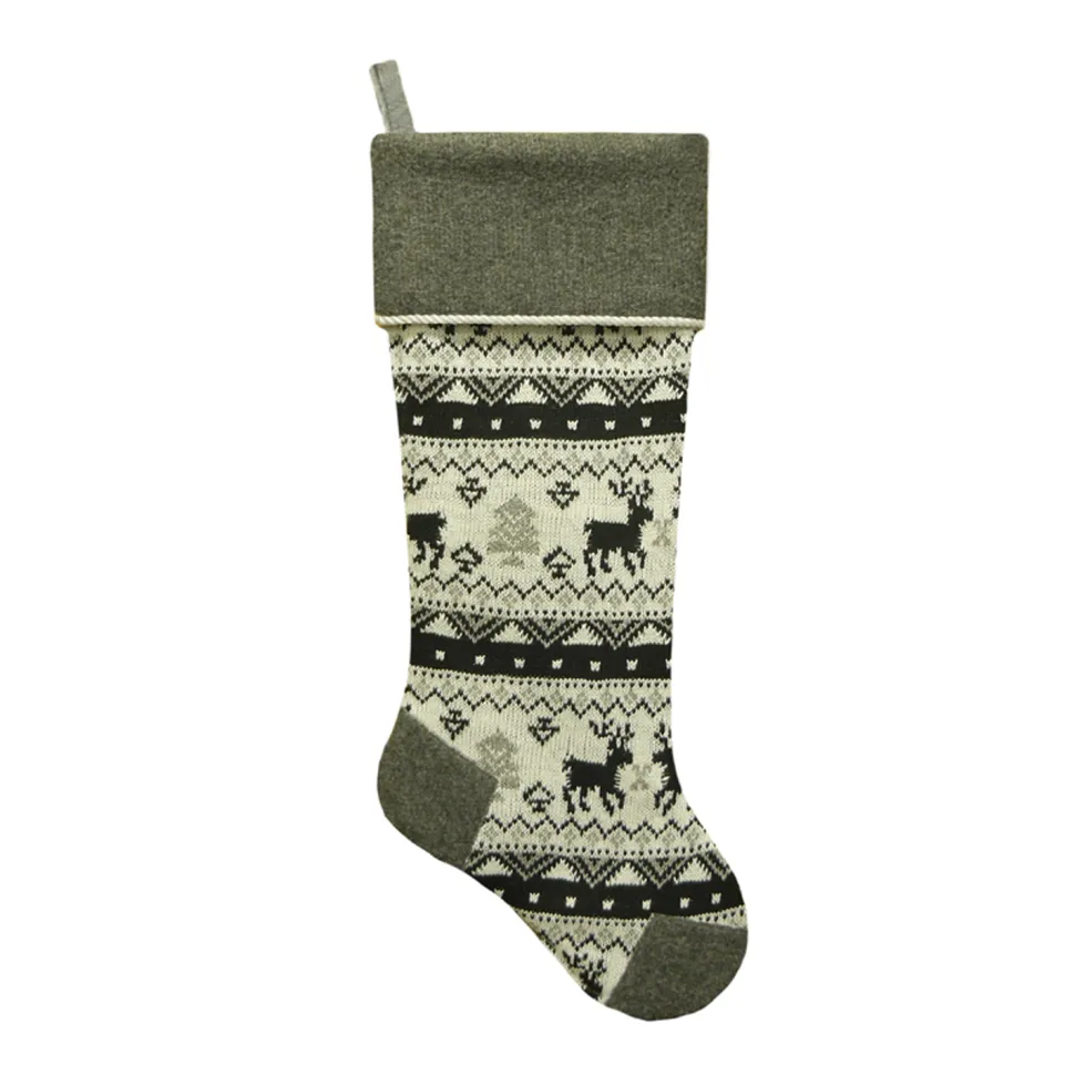 STOCKING 21.5″ GRAY KNITTED & FLEECE W/ FLEECE CUFF & CORD, HEEL & TOE DESIGN