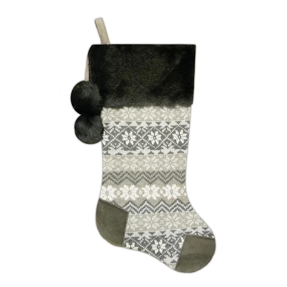 STOCKING 20.5″ GRAY KNITTED & SUEDE, FAUX FUR CUFF W/ POM POMS