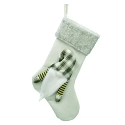 STOCKING 20″ IVORY/ GREEN W/PLUSH GNOME FAUX FUR CUFF
