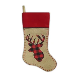 STOCKING 20.5″ NAT. BURLAP W/ BLANKET STITCH, VELVET CUFF W/ CORD