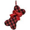 STOCKING 14″ PET DOG BONE RED/BLACK PLAID BONE W/ RED VELVET BOW