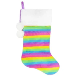 STOCKING 20.5″ RAINBOW FAUX FUR WITH FAUX FUR CUFF & POMS POMS