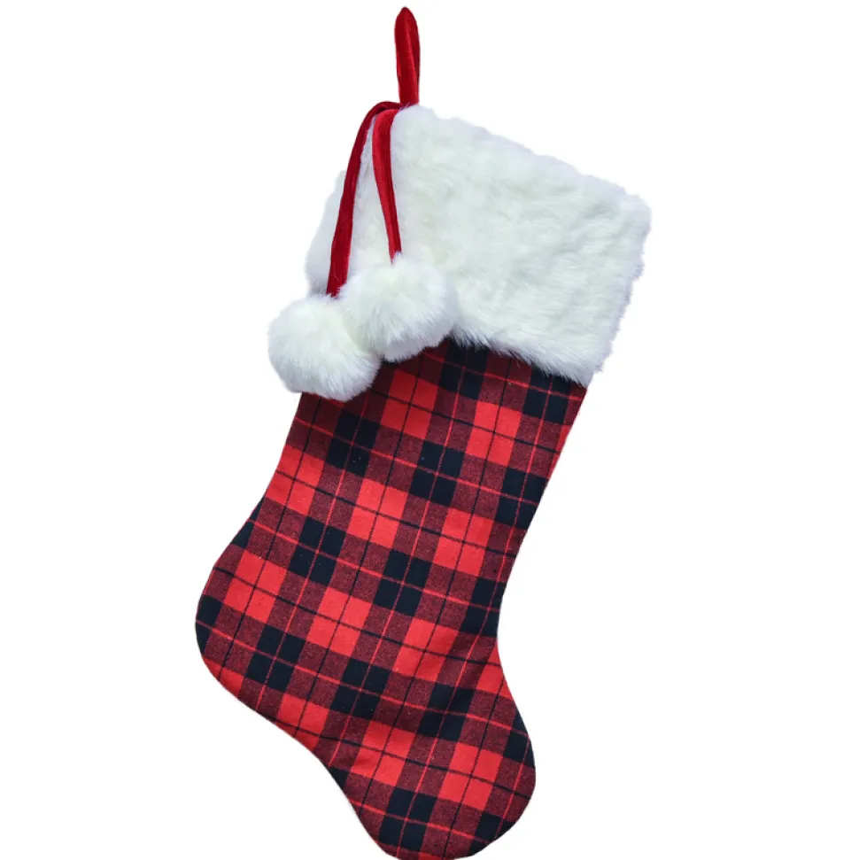 STOCKING 20.5″ RED/ BLACK BUFFALO PLAID W/ FAUX FUR CUFF & POMPOMS