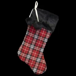 STOCKING 20.5″ RED/ BLACK PLAID BLACK FAUX FUR CUFF AND POM POMS