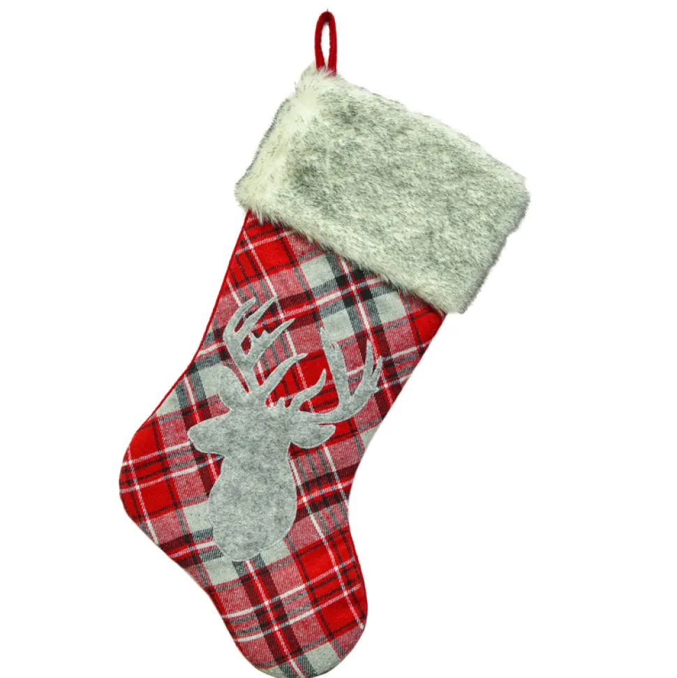 STOCKING 20.5″ RED/ GRAY PLAID W/ REINDEER APPLIQUE & FAUX FUR CUFF