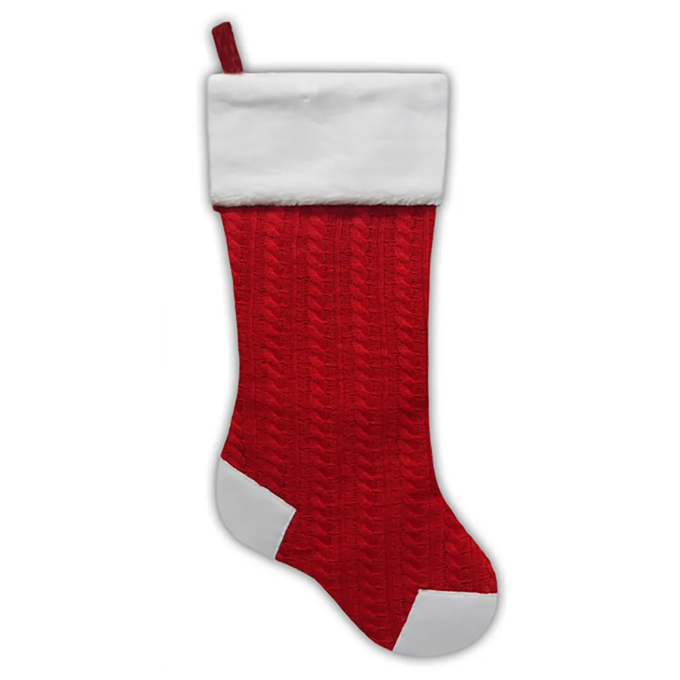 STOCKING 21.5″ RED KNITTED & FLEECE W/ FAUX FUR CUFF, HEEL AND TOE DESIGN