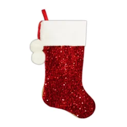 STOCKING 20.5″ RED SEQUIN VELVET W/ FAUX FUR CUFF & POMS POMS