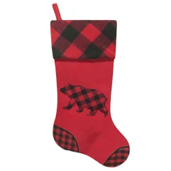 STOCKING 20.5″ RED VELVET W/ PLAID CUFF APPLIQUE & EMBROIDERY- BEAR