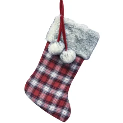 STOCKING 20.5″ RED/ WHITE/ BLACK PLAID W/ FAUX FUR CUFF & POMPOMS