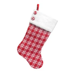 STOCKING 20.5″ RED/WHITE PLAID W/ SHERPA CUFF & BUTTONS