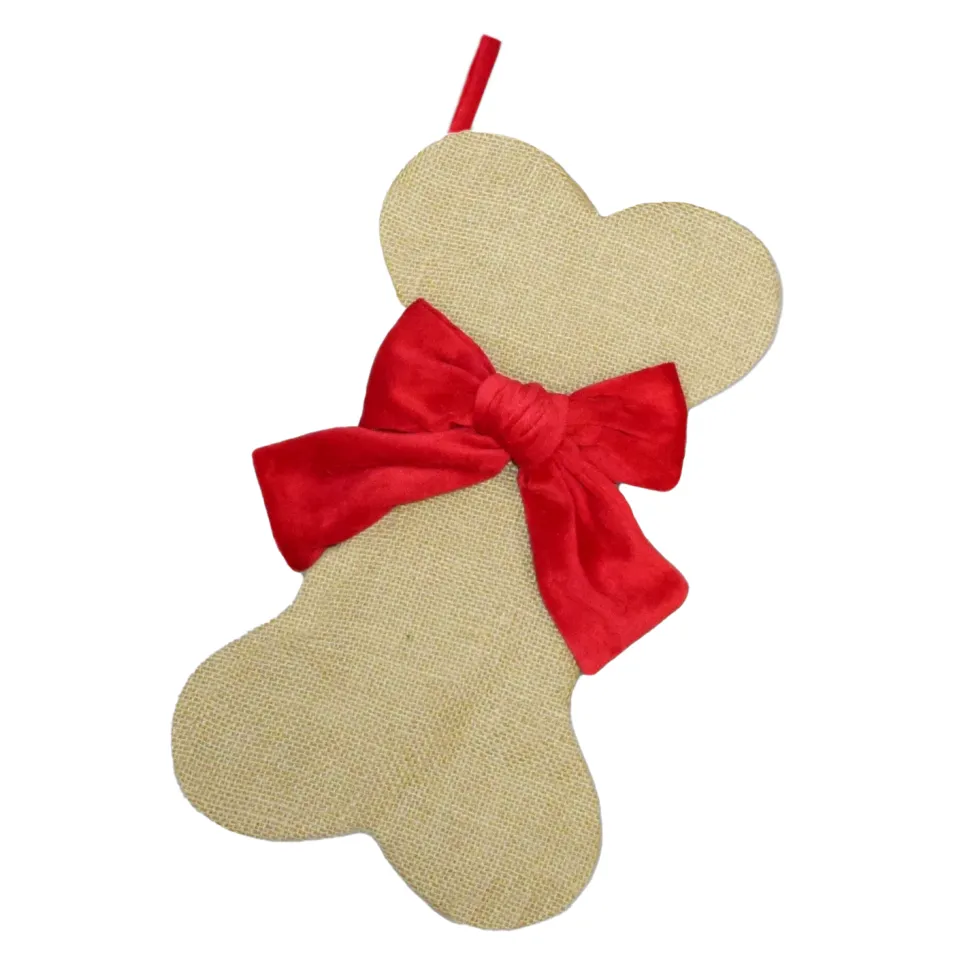 STOCKING 14″ TAN BURLAP W/ VELVET BOW, DOG BONE DESIGN