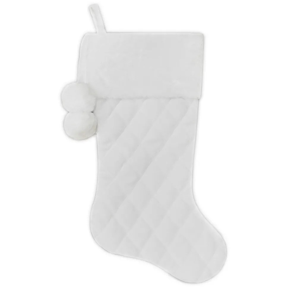 STOCKING 20.5″ WHITE QUILTED VELVET WITH FAUX FUR CUFF & POM POMS