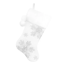 STOCKING 20.5″ WHITE VELVET W/ IRID. SNOWFLAKES SEQUINS EMBROIDERY, FAUX FUR CUFF W/ POM POMS